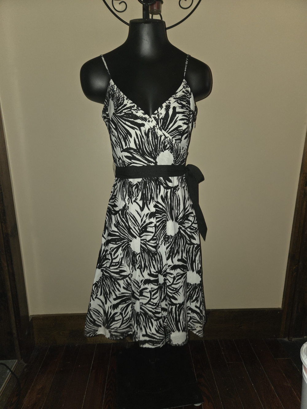 Black & White Floral Fit And Flare Spaghetti Strap Dress